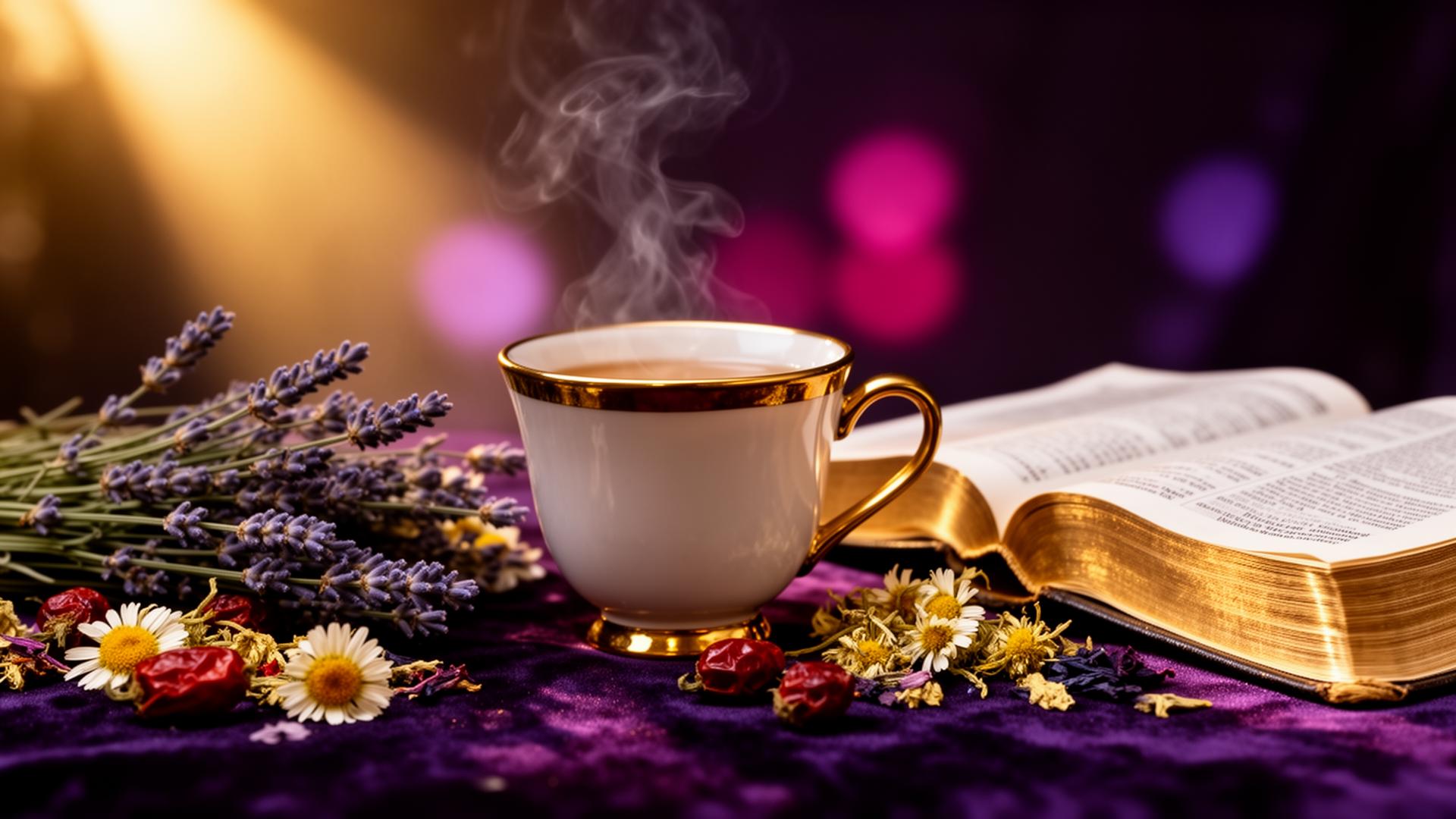 A steaming cup of Script-Teas on midnight velvet with lavender, rose hips and an open Bible
